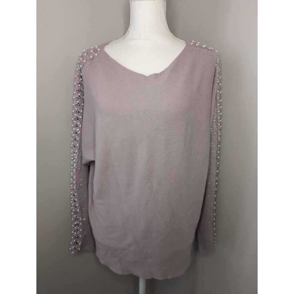 Liv Milano lace pearl rhinestone feminine purple lilac sweater lg